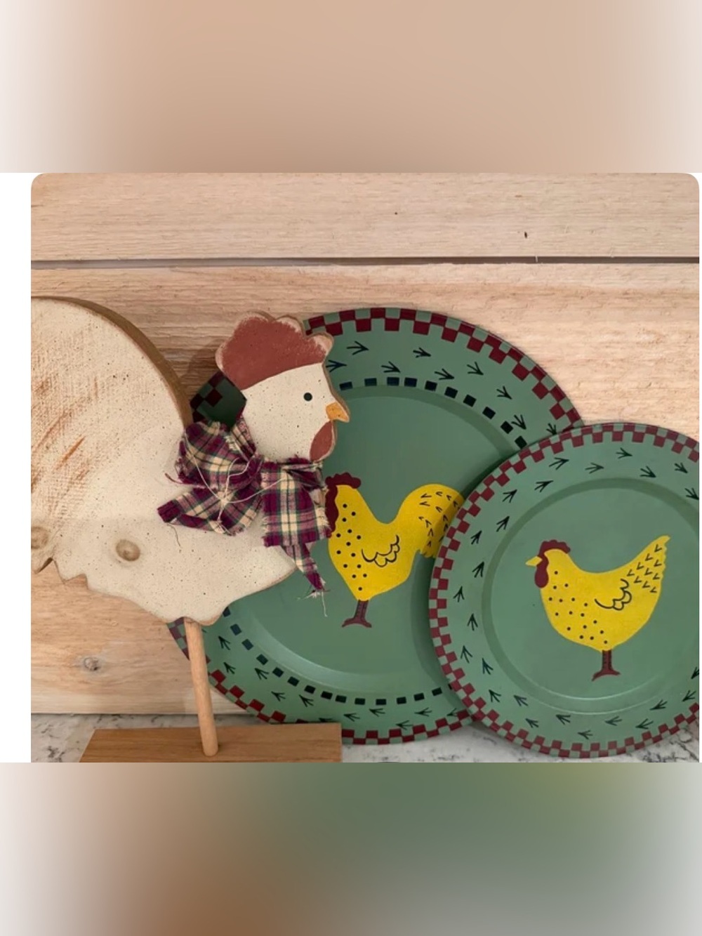 Tin chicken plates, wood chicken stand.